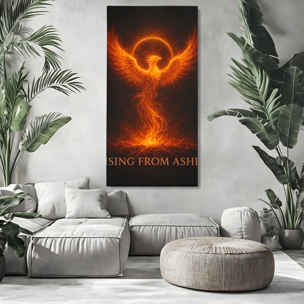 Tablou canvas cu ilustratie digitala cu pasarea phoenix din flacari, fara rama, pe sasiu de lemn, pe perete intr-un living